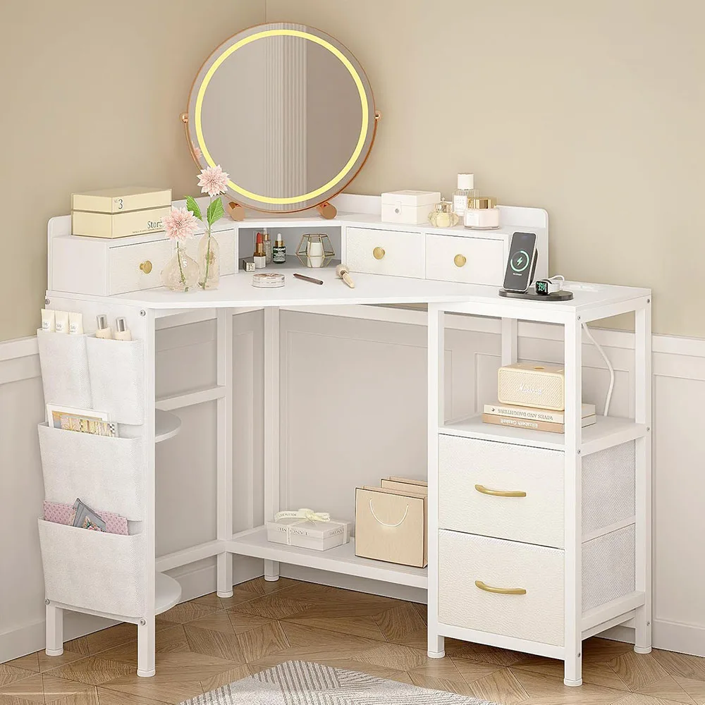 Modern 126 cm-es Sarok Antracit Fésülködőasztal Fali Tápállomással Fa Lapból, Textil Fiókokkal, Zsebbel a Hálószobában vagy Fésülködőszobában