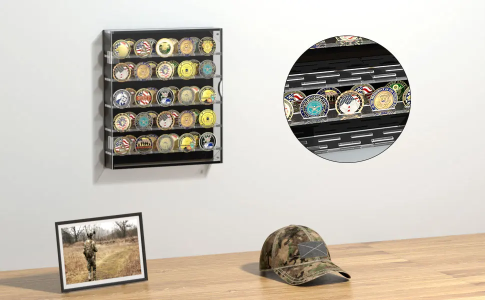 Military Challenge Coin Display Case Lockable Wood Cabinet Rack