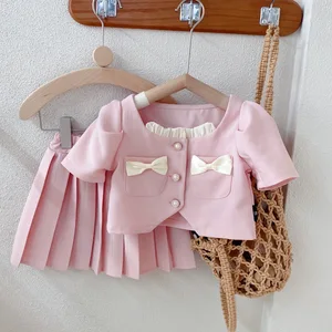 Clothes for Kids Summer Short Sleeve Pocket Lace Bow Bead Coat Solid Color Pleated Skirt Two Pieces Set Girls Boutique Outfits
