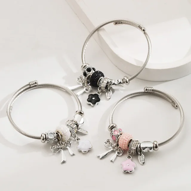 Hot Sale Silver Plated Stainless Steel Bow Charm Bracelet Adjustable Oil Drop Flower Pendant DIY Charm Bangle Bracelet for Women