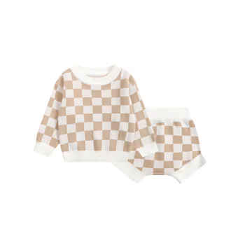 Spring infant clothes organic cotton knitted plaid sweaters comfortable toddler clothing two piece baby sweater set