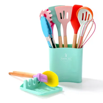 Mixed Multicolor Silicon Cooking Skimmer Stainless Steel Wood Tools Pink Camping 12 Pcs Silicone Kitchen Utensil Set