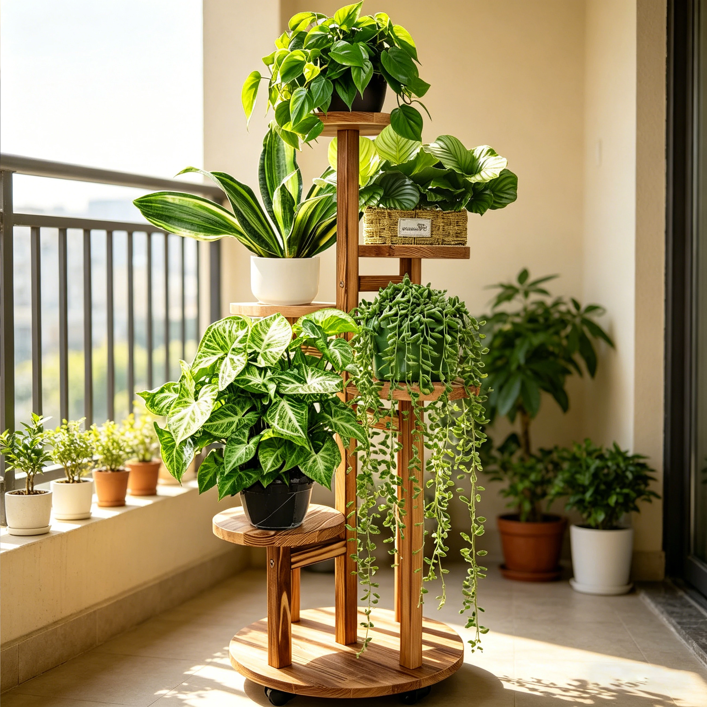 Wooden Plant Pot Bottom with Wheels Decorative Flowers Stand Wreaths and Plants Flower Rack for Home Garden Indoor Outdoor