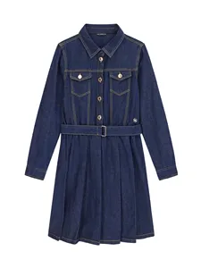 Sweet Casual Girls' Long Sleeve Denim Dress 100% Cotton Breathable A-line Silhouette Spring Autumn Solid Pattern Turn-down
