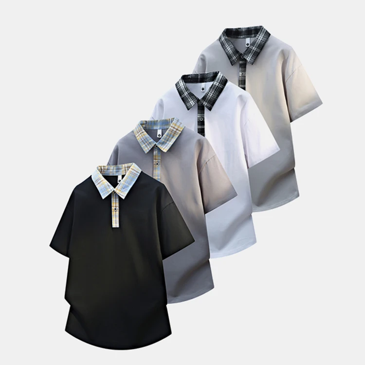 Men's plaid collar button-down shirt, short-sleeved, 100% polyester, breathable, casual, regular length T-shirt.