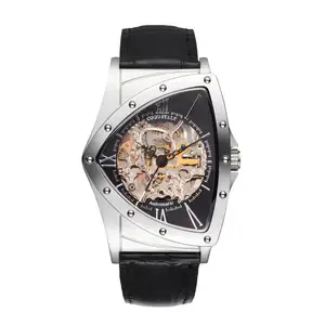 Limited Edition Luxury Shield Skeleton Mechanical Watch Stainless Steel Case Waterproof Cow Leather Band Triangular Case Shape