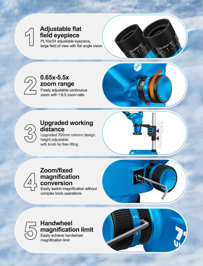 Microscope électronique SUNSHINE 71 Ultra Trinocular à zoom continu et fixe pour la réparation de téléphones mobiles et de bijoux