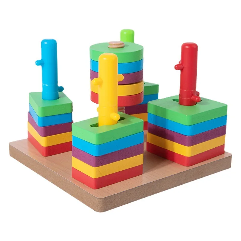 Montessori Wooden Block Pyramid Toy Sets Building Game Cubes Toys Rainbow Cuber Wood Puzzle Stacking Blocks