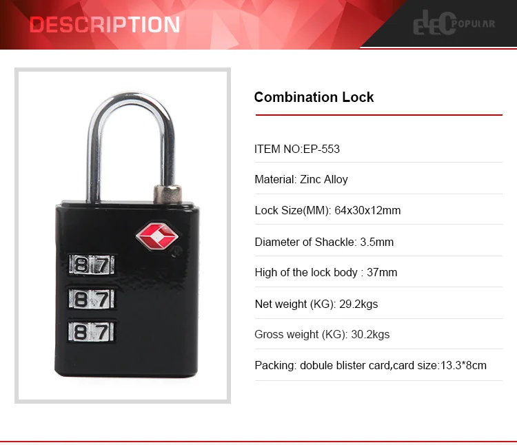 Durable 3 Digit Combination Password Coded Zinc Alloy Padlock TSA Travel Lock
