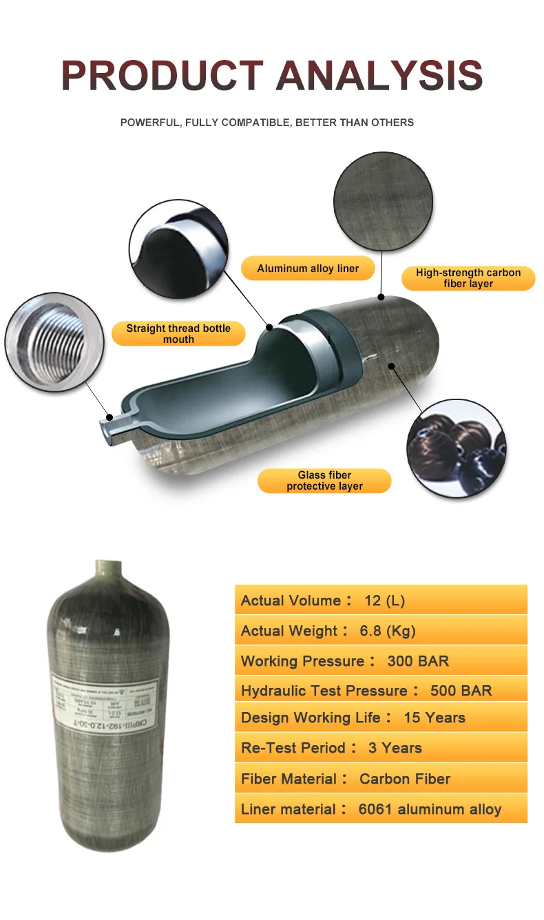 12l Carbon Fiber Air Tanks 30mpa 4500psi Composite Pcp Gas Cylinder For