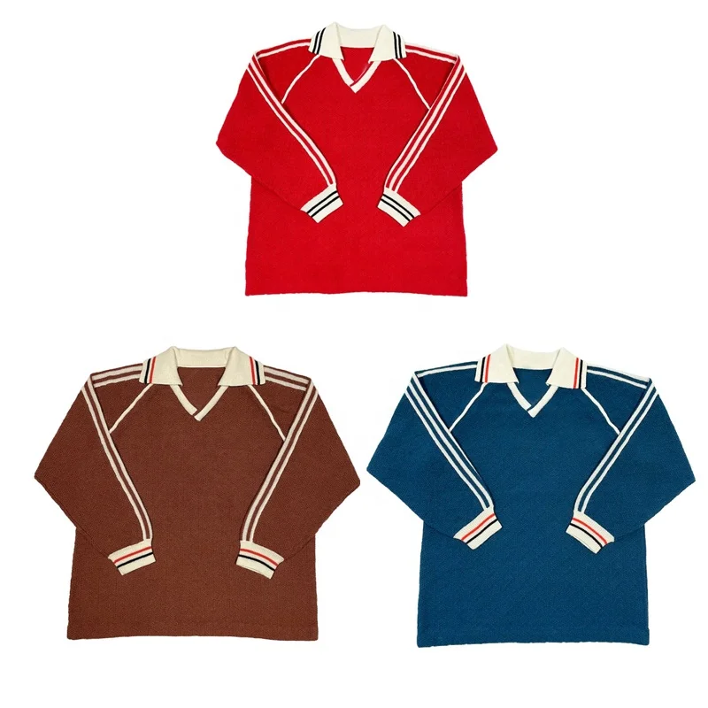 Salati Custom Streetwear Collar Blank Plain Knitted Long Sleeve Vintage Retro Top Sweater Soccer Jersey T-shirt Men's Polo Shirt