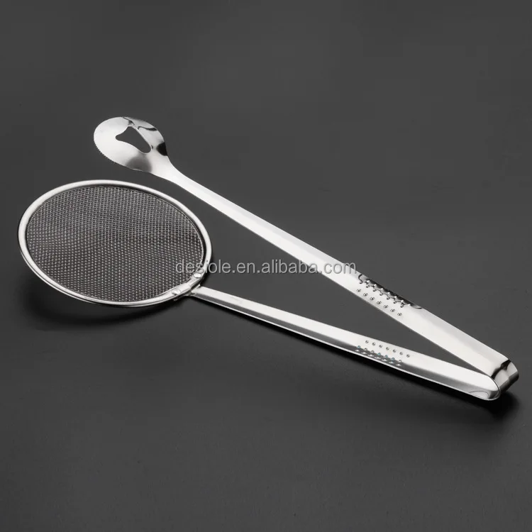 Multifunctional 2 In 1 Kitchen Sifter Strainer Tongs Fry Tool Filter Spoon Stainless Steel Wire
