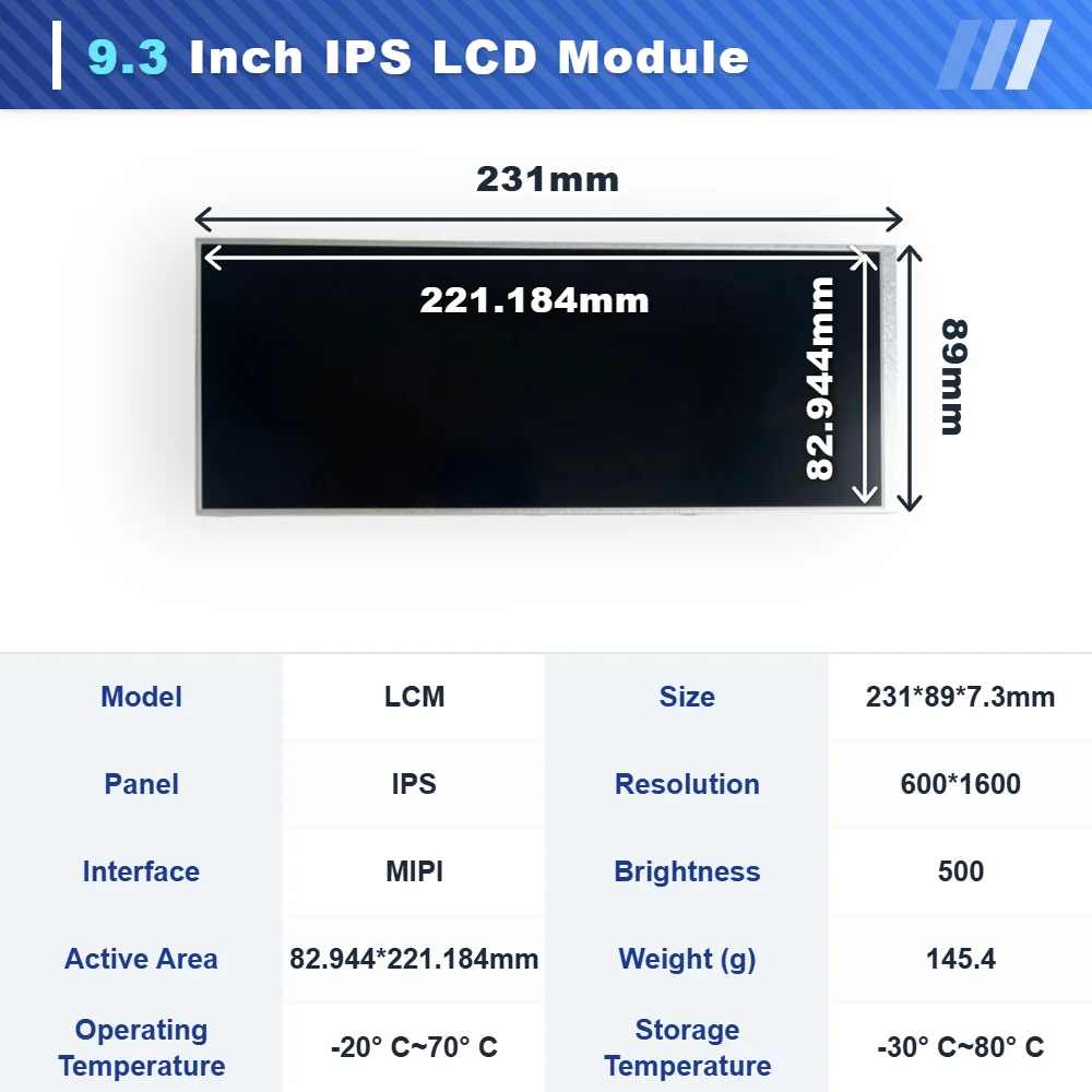 WEITAI 9.3 Inch TFT LCD IPS Display Module 600x1600 Resolution 500 Cd/m Brightness LED Backlight MIPI Interface Panel Mounting factory