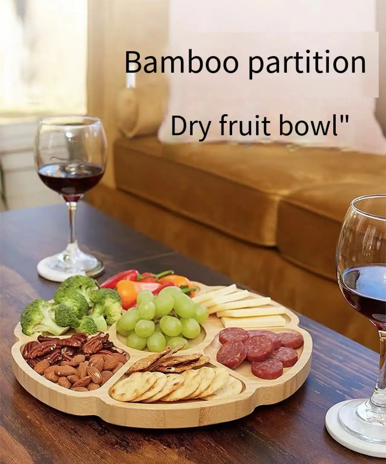 回転花型竹サービングトレイ-6-花びらスナックプレートセンターボウル