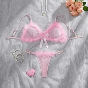 2026 Cross-Border Pink Plush Lingerie Set for Women: Sweet and Purely Sensual Sheer Wireless Bra Set