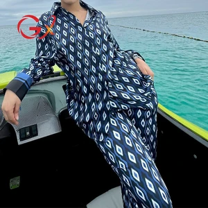 GX6414 Fashion 2026 Spring Fall Printed Clothing Vendor Women Long Sleeve Turn Down Neck Shirt and Wide Leg Pant 2 Piece Set