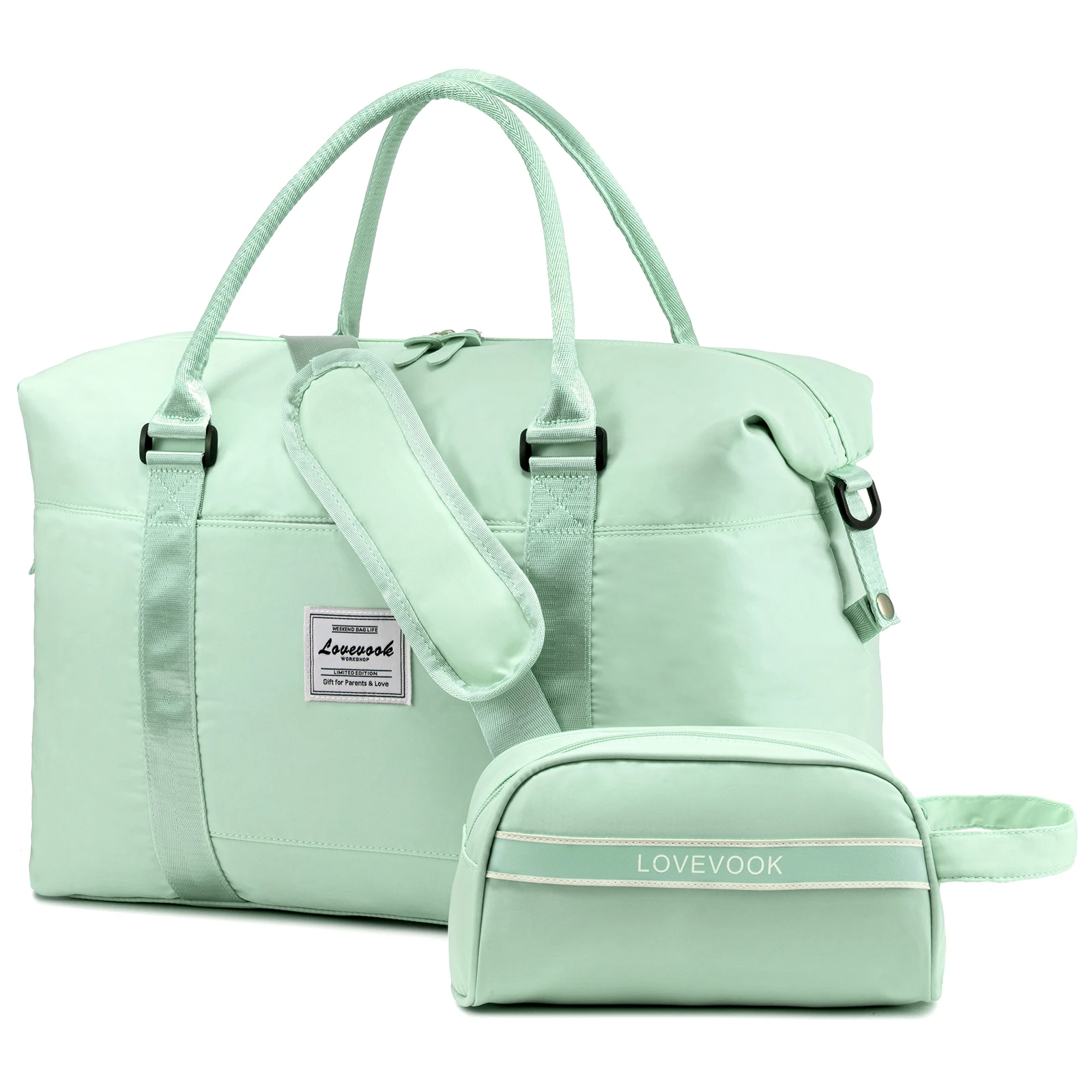 2 Pcs Preppy Weekender Bag Set For Women - Love Chenille Letter, Green, With Shoe & Toiletry Bag