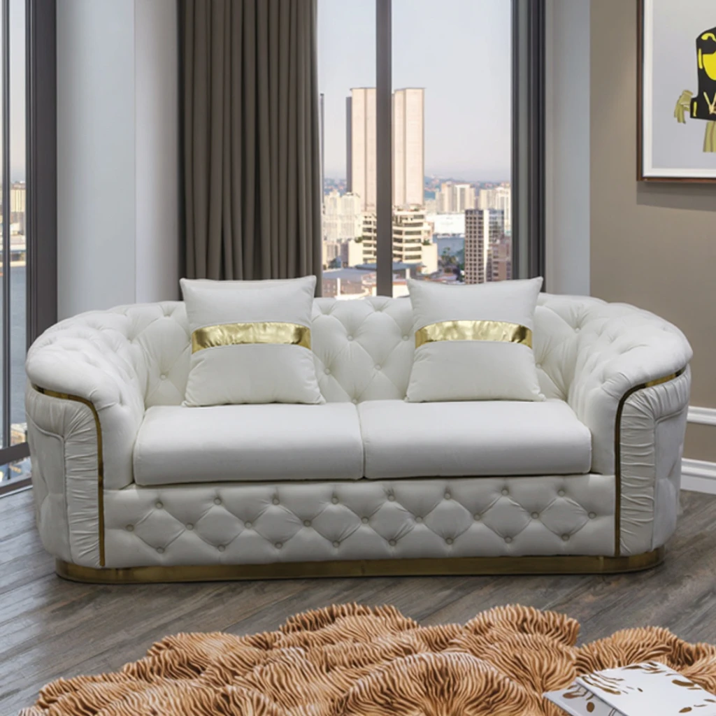 European Luxury Chesterfield White Sofa Set Rose Gold Legs Velvet Fabric  Button Tufted Direct Factory for Villa Hospital Mall, image size:1024x1024