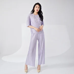 New Miyake Pleated Women's Casual Oversize Loose Plus Size Long Sleeve T-Shirt Trousers Two-Piece Set