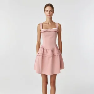 Pink Bow Party Dress,  Square Neckline Sleeveless Ruffled Mini Dress