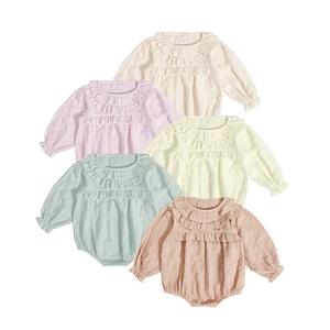 Soft 100%Cotton Infant Long-Sleeve Rompers with Ruffled Collar & Bubble Sleeves for Daily Wear & Spring/Fall