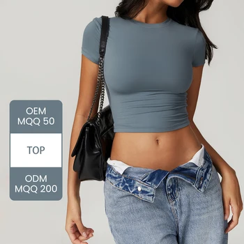 AT8743ZC Women's Casual Basic Going Out Crop Tops Slim Fit Short Sleeve High Neck Tight T Shirts