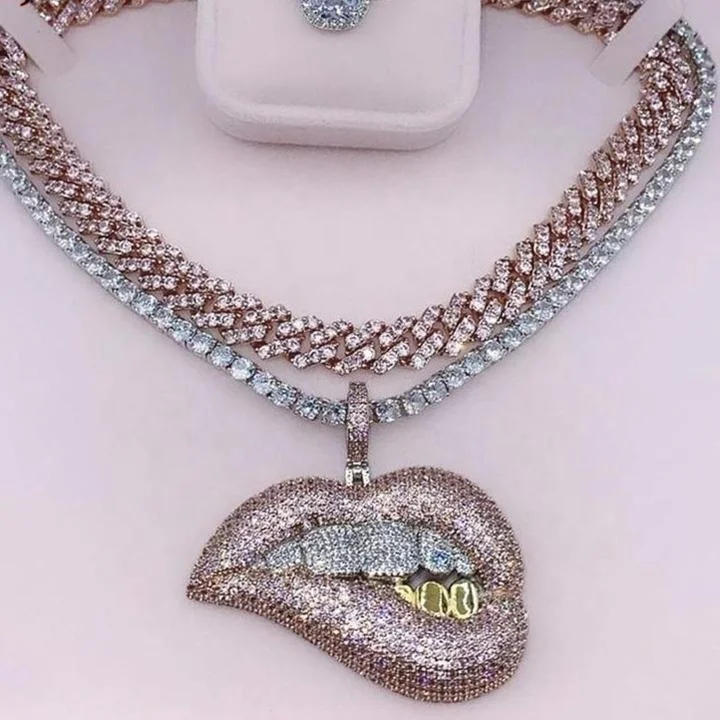 Lip Bite Necklace Pink Cuban Link 