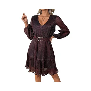 Women's Chiffon Party Summer Dress Long Sleeve Lined Belt V Neck Tea-Length A-Line Silhouette Candy Color Anti-Static Natural