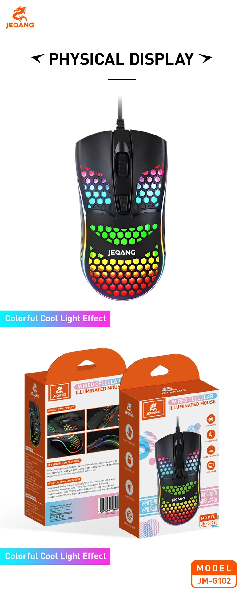 Jeqang RGB Backlit Optical Mouse with 1.5m USB 3D Engraving Roller Cavity Design Mini Gaming Style for Gamers PC Laptops