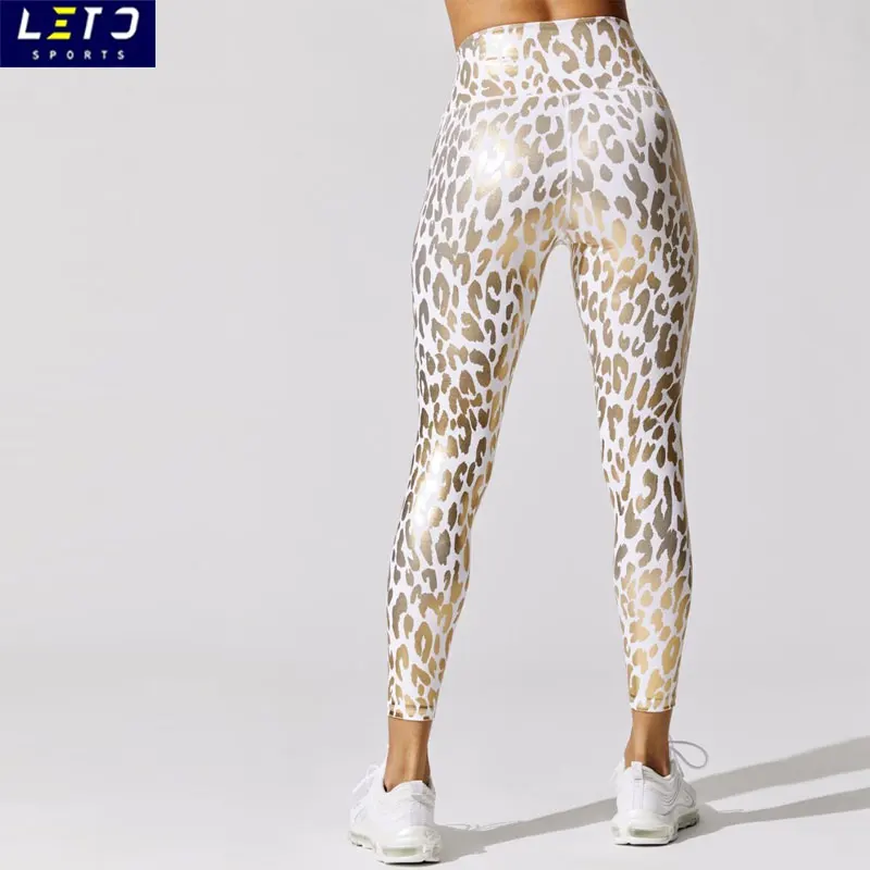 Animal Print Athletic Wear Leopard Print Fabric Gym Tights Gold Shiny  Workout Yoga Leggings