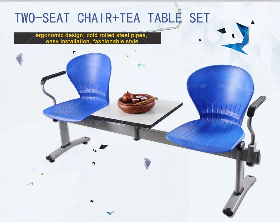 Double Public Waiting Chair With Armrest Metal Beam Seating With Square Table For Airport Hospital Station School Reception