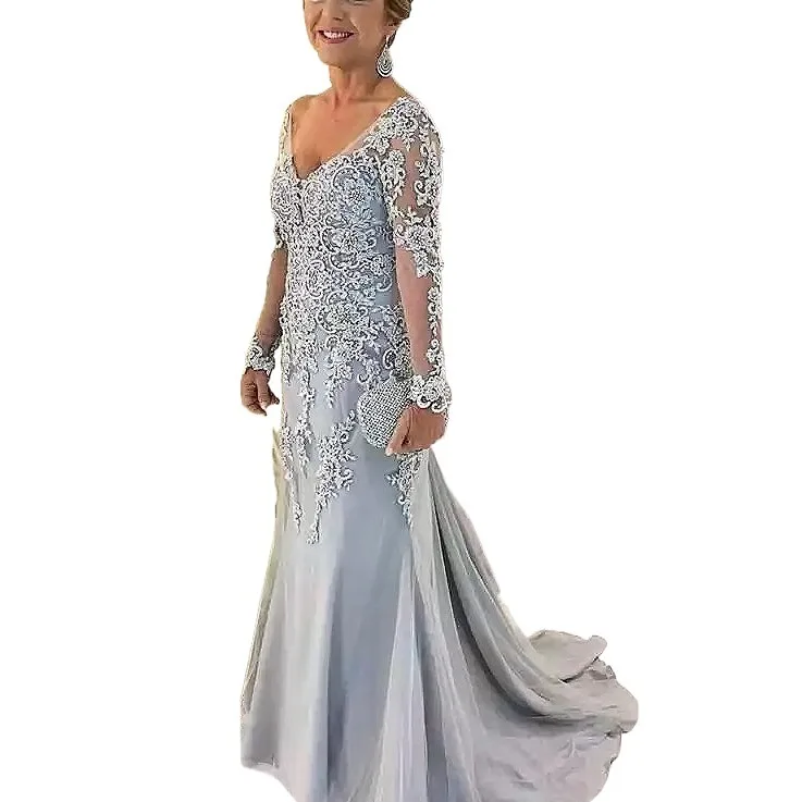 chinese dress ladies Silver Mother of The Bride Dresses,Long Mother Dress with V-Neck,MD00063, US12 / Royal Blue