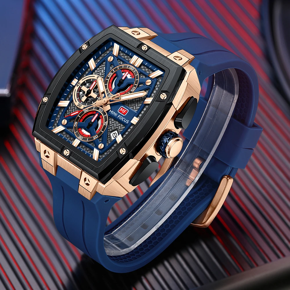 MINI FOCUS Chronograph Quartz Man New Model Watch for Men Sport Wristwatch with Black Rose Gold Silicone Strap MF0602G