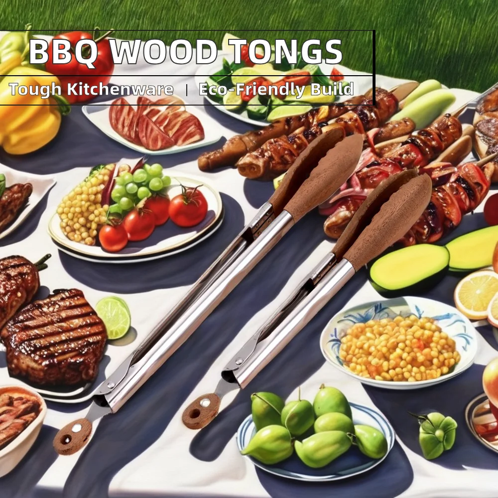 Hot Sale Stainless Steel Walnut Olive Wooden Kitchen BBQ Spaghetti Meat Garlic Clip Fry Food Tongs With Wood Lock manufacture