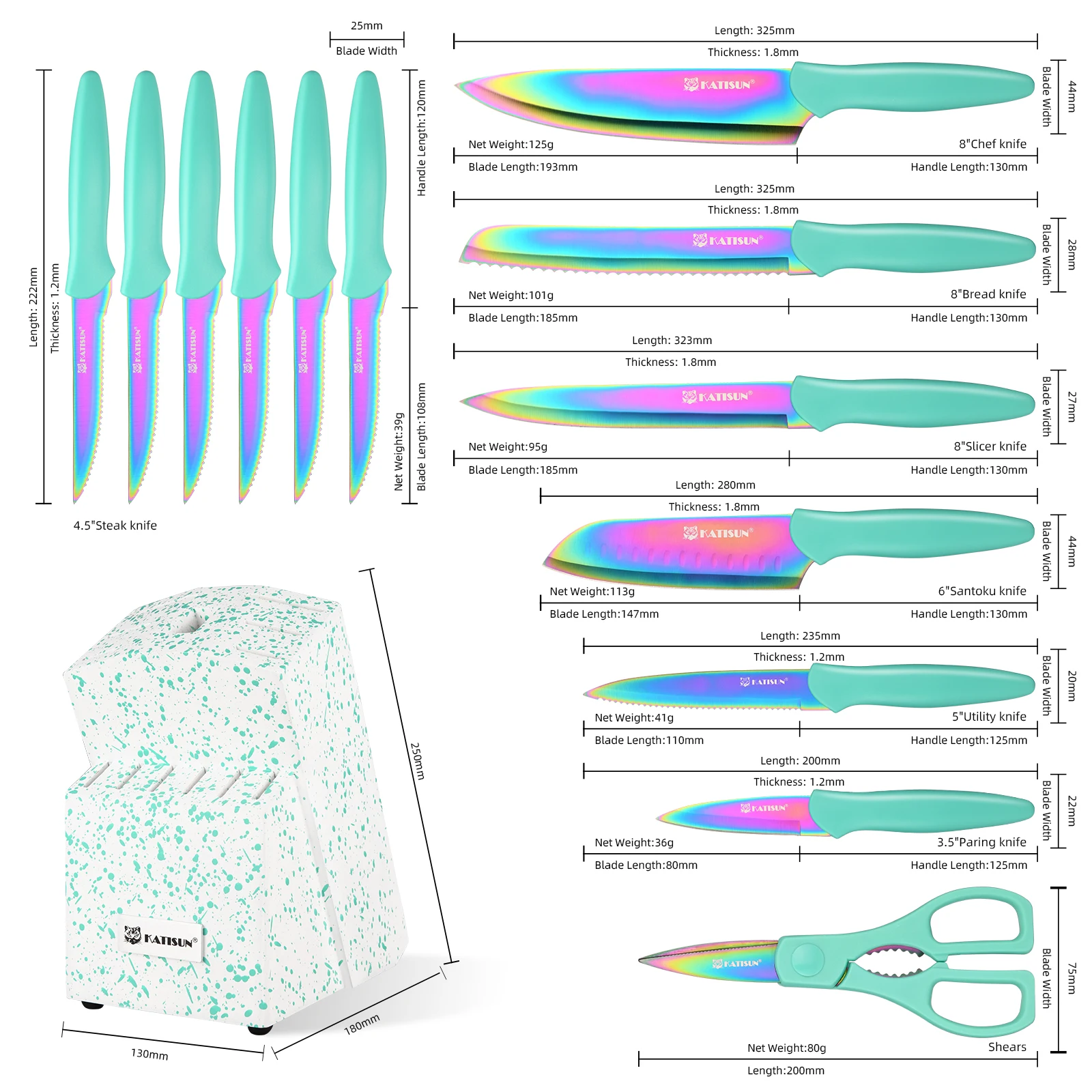 Juego de 14 cuchillos de cocina de acero inoxidable arcoíris con tijeras de cocina._voghion.com