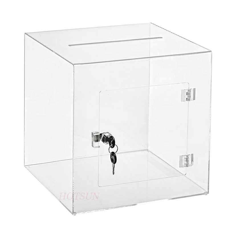 Free Design 8 Inches Piggy Bank Cube Box  Plastic Charity Box Clear Acrylic Donation Box with Lock