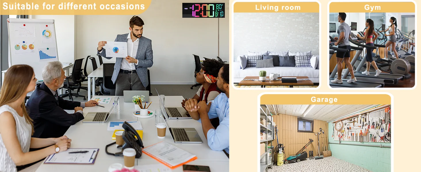 Large 16-inch LED digital clock, remote control, adjustable brightness, temperature and humidity display, ABS for living room