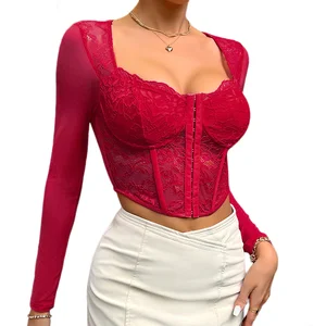 Wholesale Price Wine Red Sexy Embroidery Lace Bustier Top for Women Long Sleeve Corset Top