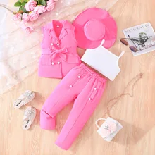 High-End Elegant 4-Piece Girls' Pants Set with Hat for Spring/Autumn Piano Competitions New Release Children's Suit