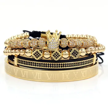Luxury 4Pcs/Set Men's Gold Crown Bracelet Set Stainless Steel Numbers Engraved Bangle CZ Crown Braided Macrame Bracelets