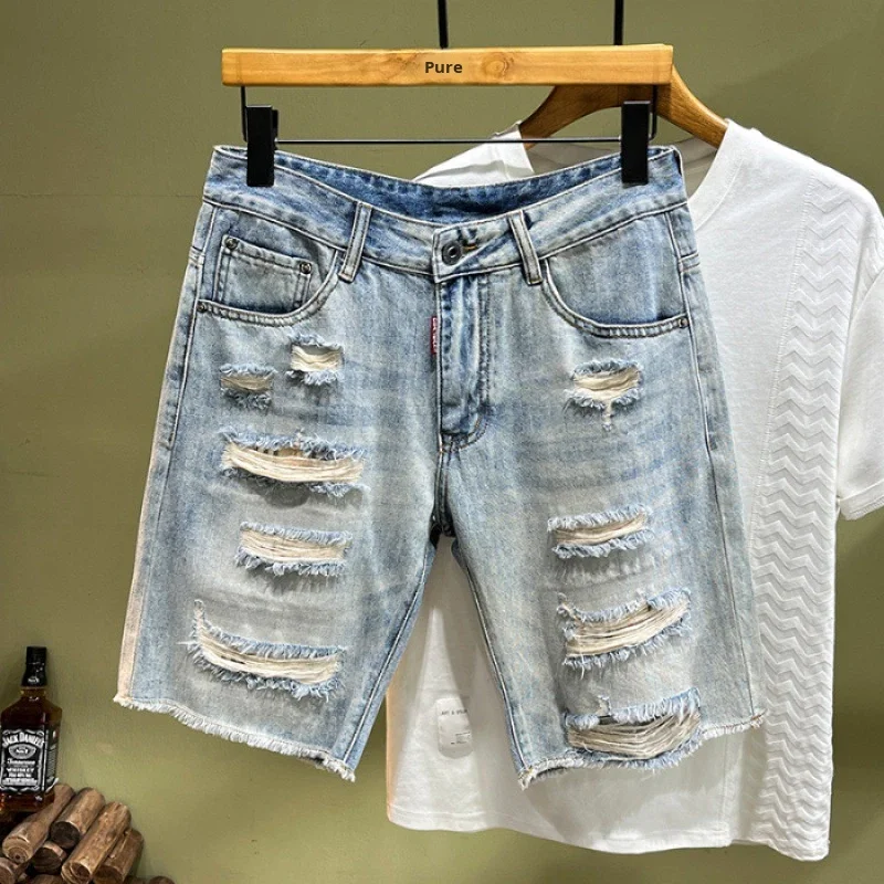 Vintage-stijl, hoogwaardige versleten en gescheurde nylon/katoenen korte broek voor heren, trendy slim-fit, elastisch, rechte pasvorm, zomerse casual stijl, middellange lengte