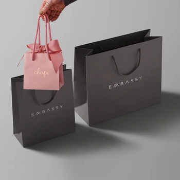 Personalised luxury brand boutique gift clothing packaging customised small size black jewellery paper bag with logo