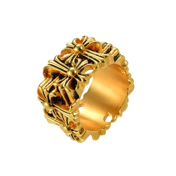Imported China 316L Stainless Steel Antique Gold Plated Cross Style Jewellery Ring Wedding Statement Shell Retro Punk Ring