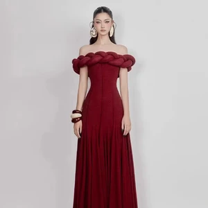 2026 Off-the-Shoulder Knitted Natural Waist Solid Chiffon Plain Dyed Straight Floor-Length Summer Red Casual Dress