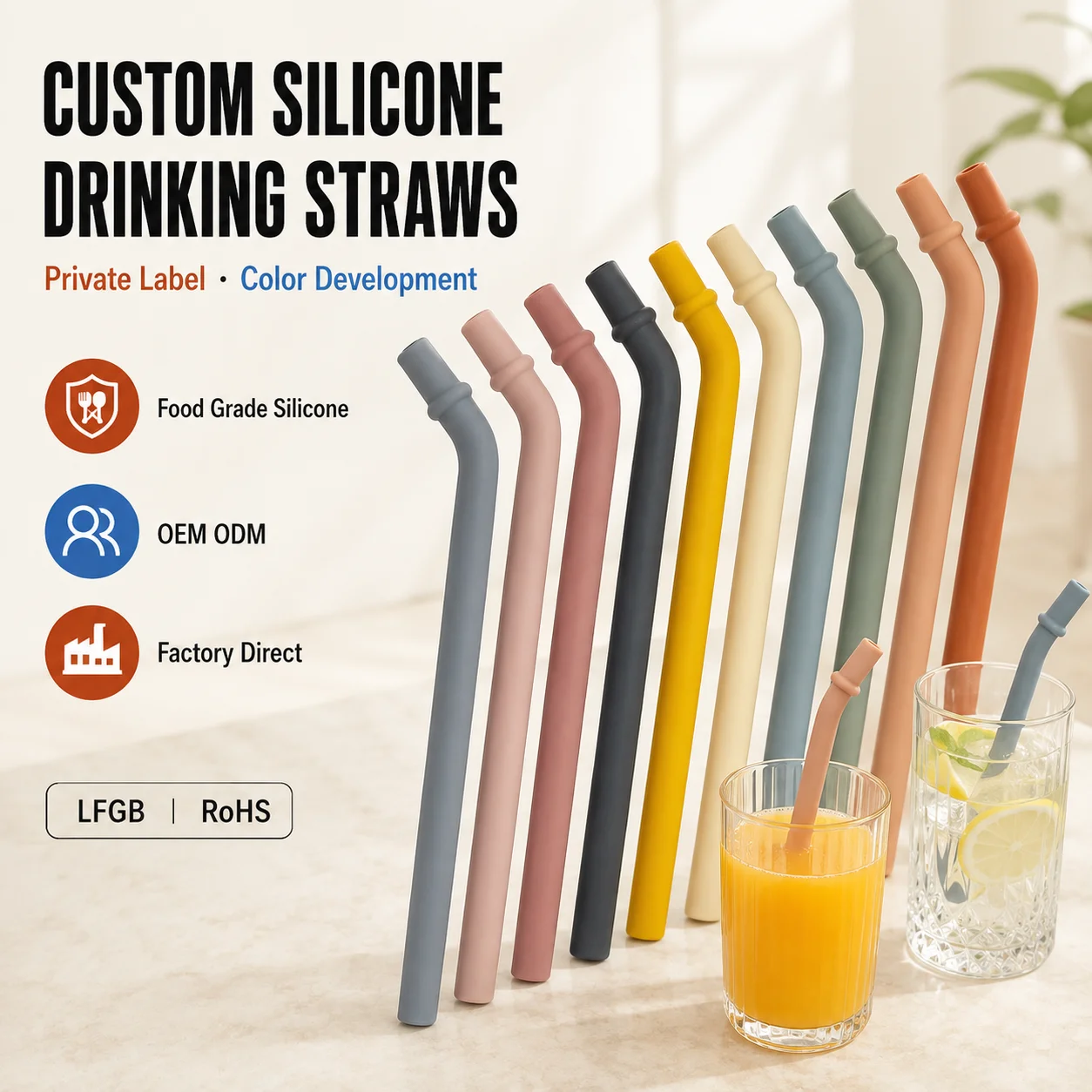 Custom Food Grade Silicone Drinking Straws Reusable Bent Straws LFGB RoHS for Tumblers Juice Smoothies and Kids Cups