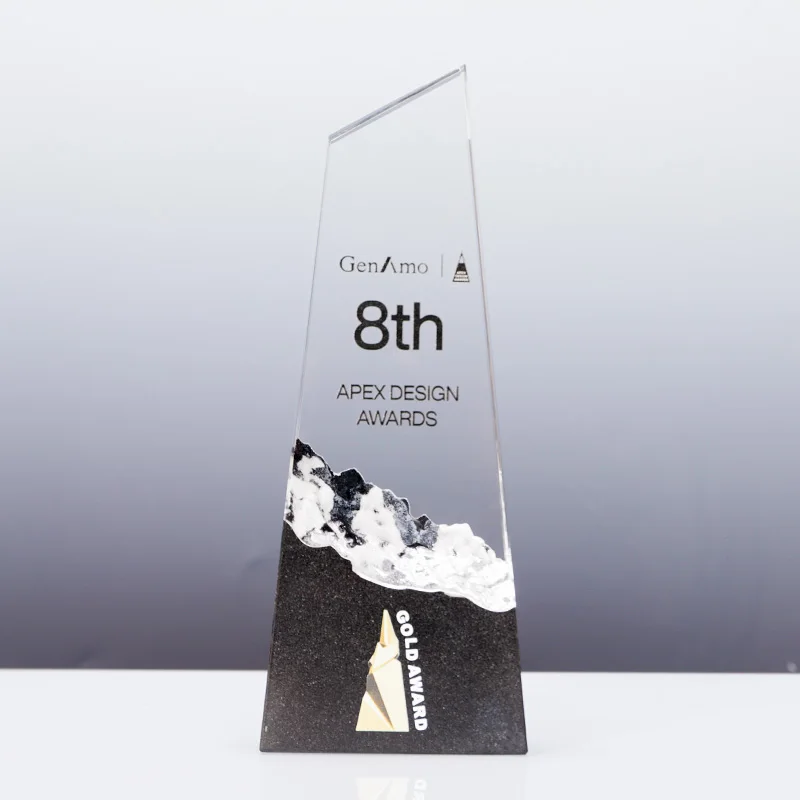 Petit Pont Trophée en Verre Cristal Transparent sur Base en Marbre Personnalisé avec Lettres du Logo Gravées au Laser, Nouveau Design, Vente en Gros