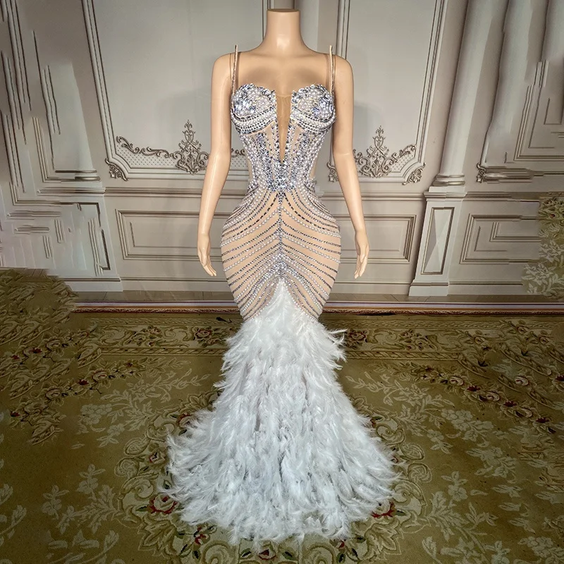 white prom dresses with feathers Plus Size Rhinestone Plunging Neck Glitter Feather Mermaid Prom Dress