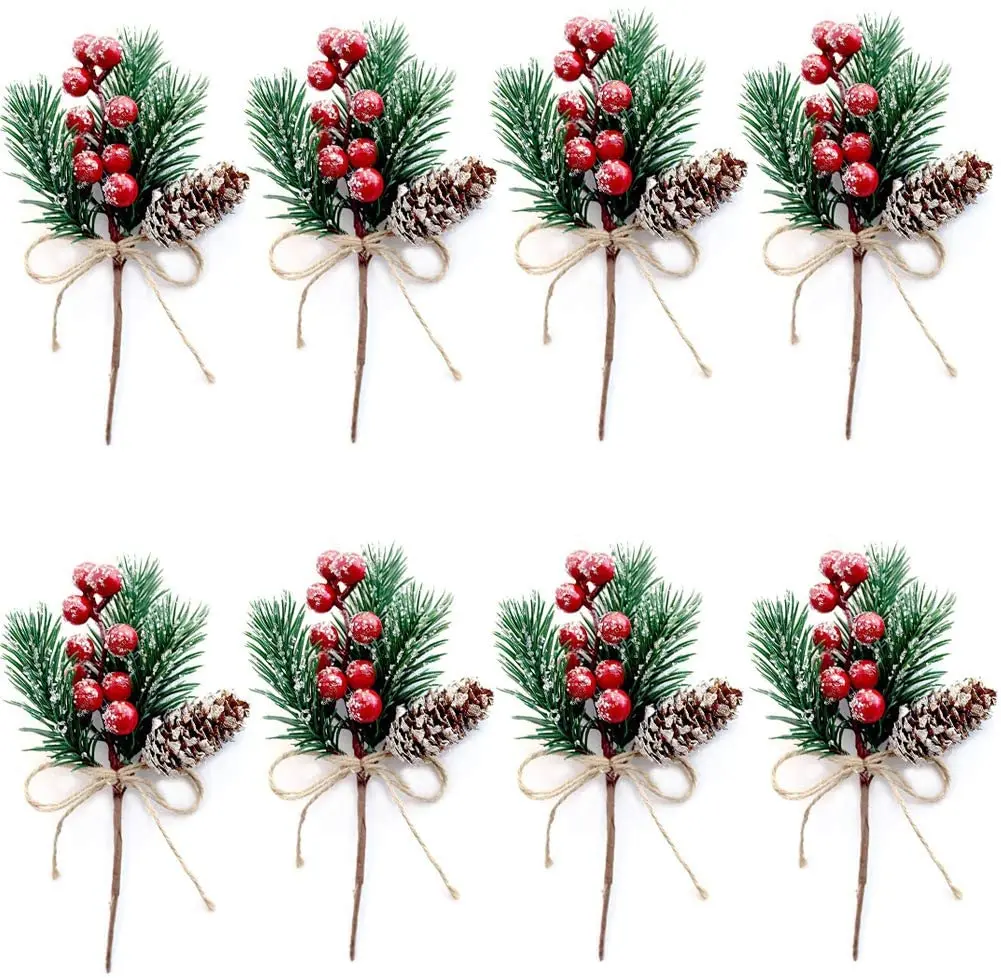 Christmas Sale! Christmas Berries Red Stems Evergreen Pine Branches,  Christmas Artificial Pine Cones Holly Stem Craft, Winter Holiday Floral  Picks for