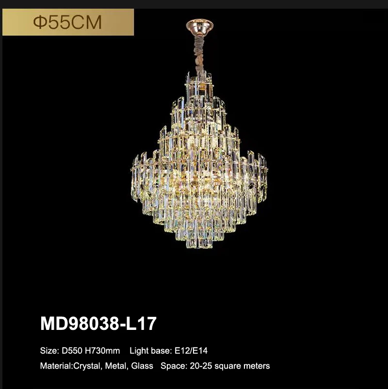 MEEROSEE Iron Hanging Light For Hotel Decorative Luxury K9 Crystal Chandelier Modern Designers Glass Pendant Light MD98038