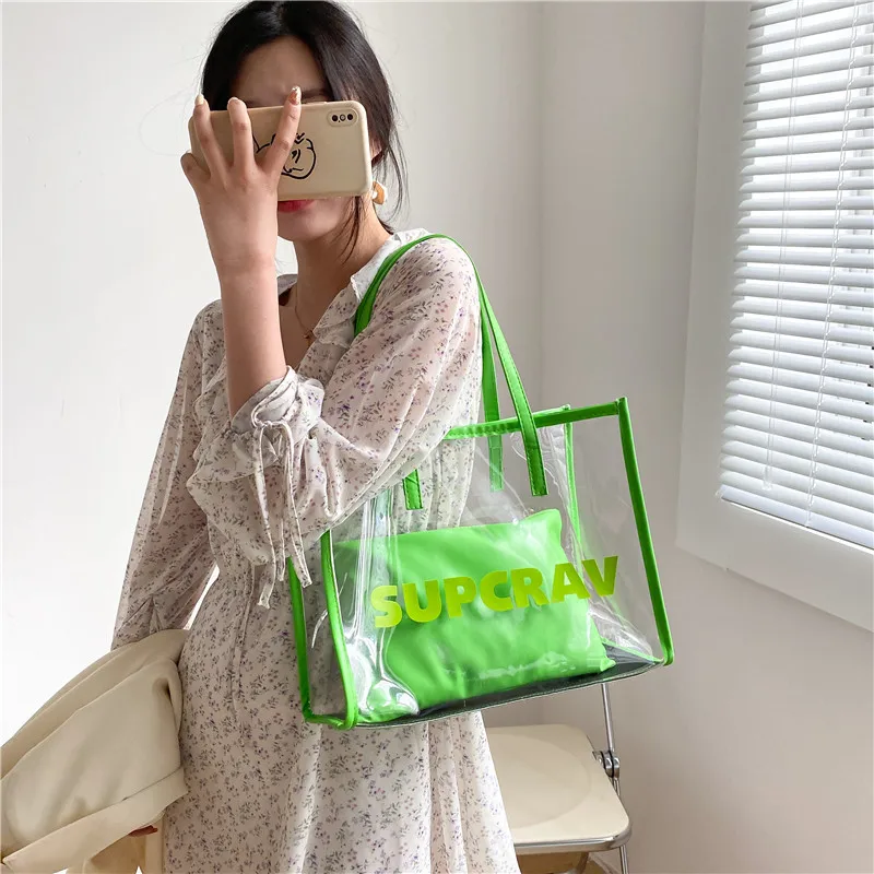 2021wholesale Plain Clear Pvc Tote Bag With Green Yellow Pu Custom Logo ...